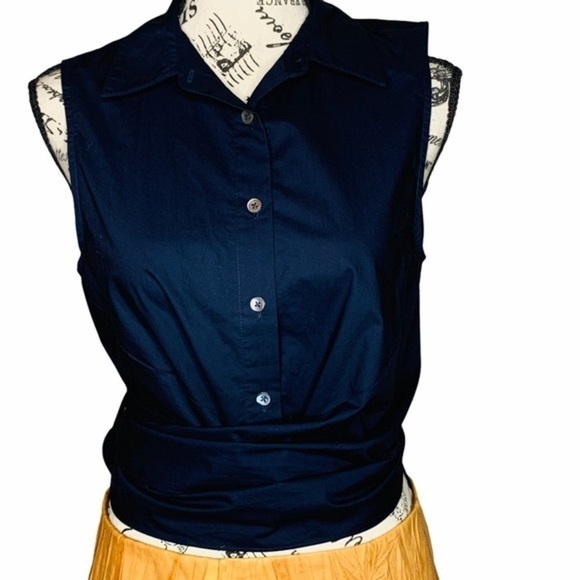 Derek Lam 10 Crosby Navy Blue Sleeveless Button Blouse SZ 6 NWT Twist Tie Cotton - Picture 2 of 13
